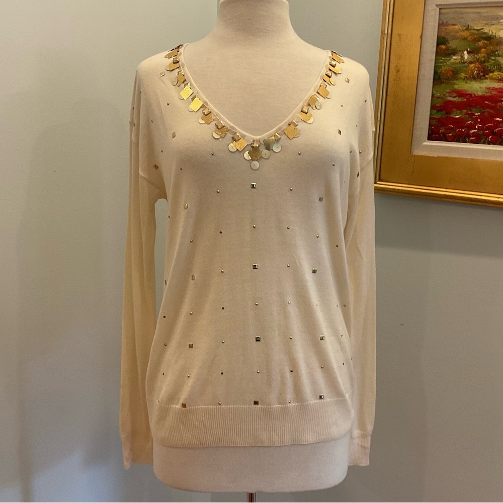 St. Johns Fine Gauge Jersey Knit Sweater with Gold Sequin Embellishments